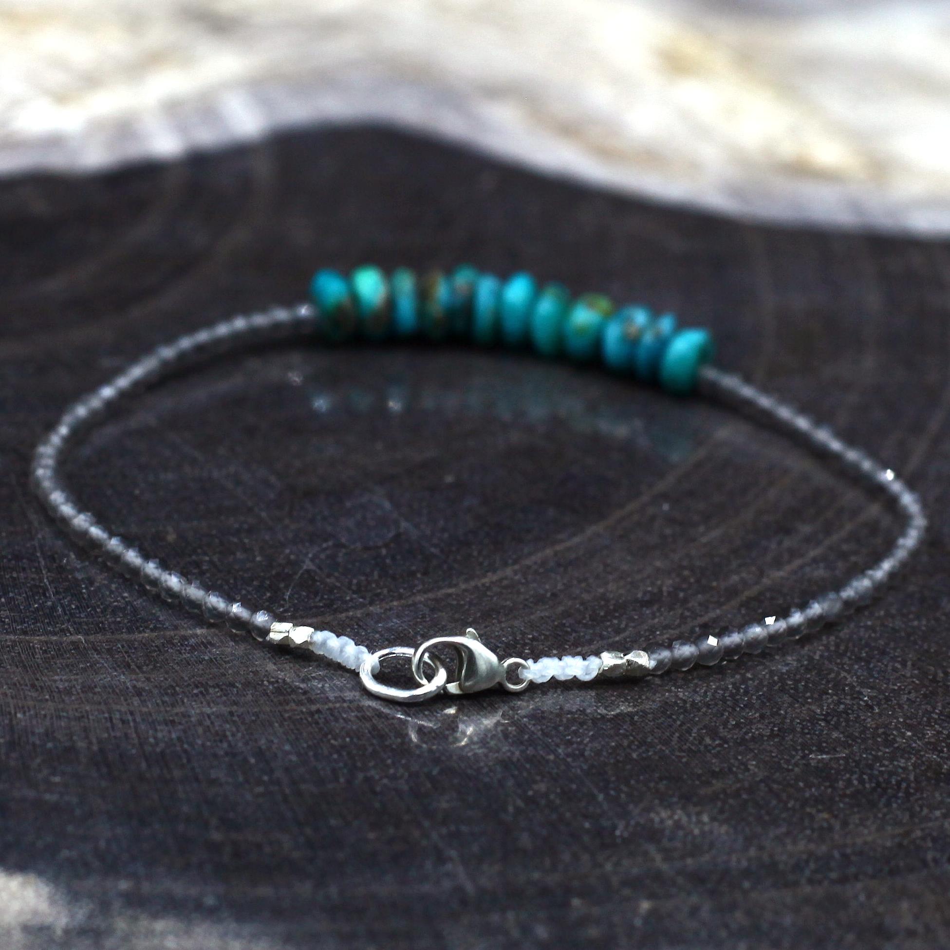 Margaret Solow Jewelry | Grey Moonstone + Turquoise Beaded Gemstone Bracelet | Firecracker