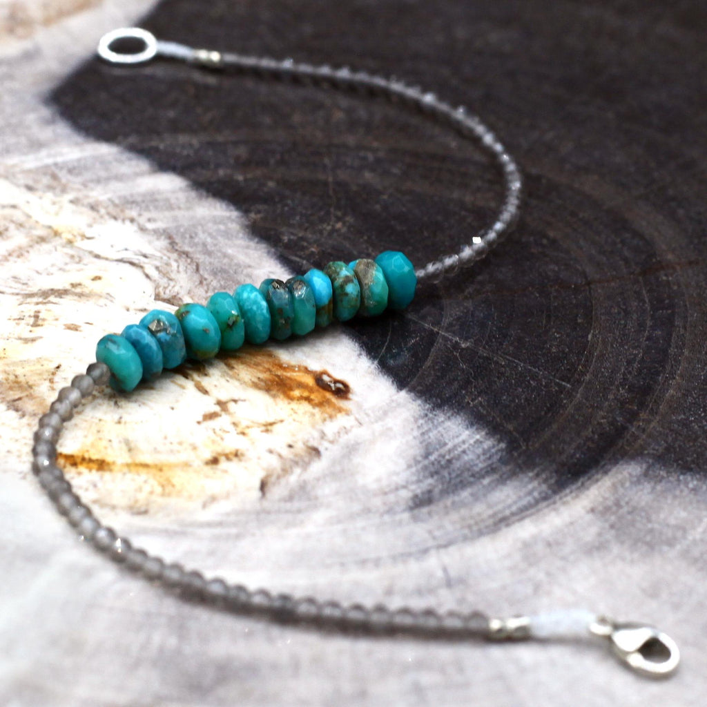Margaret Solow Jewelry | Grey Moonstone + Turquoise Beaded Gemstone Bracelet | Firecracker