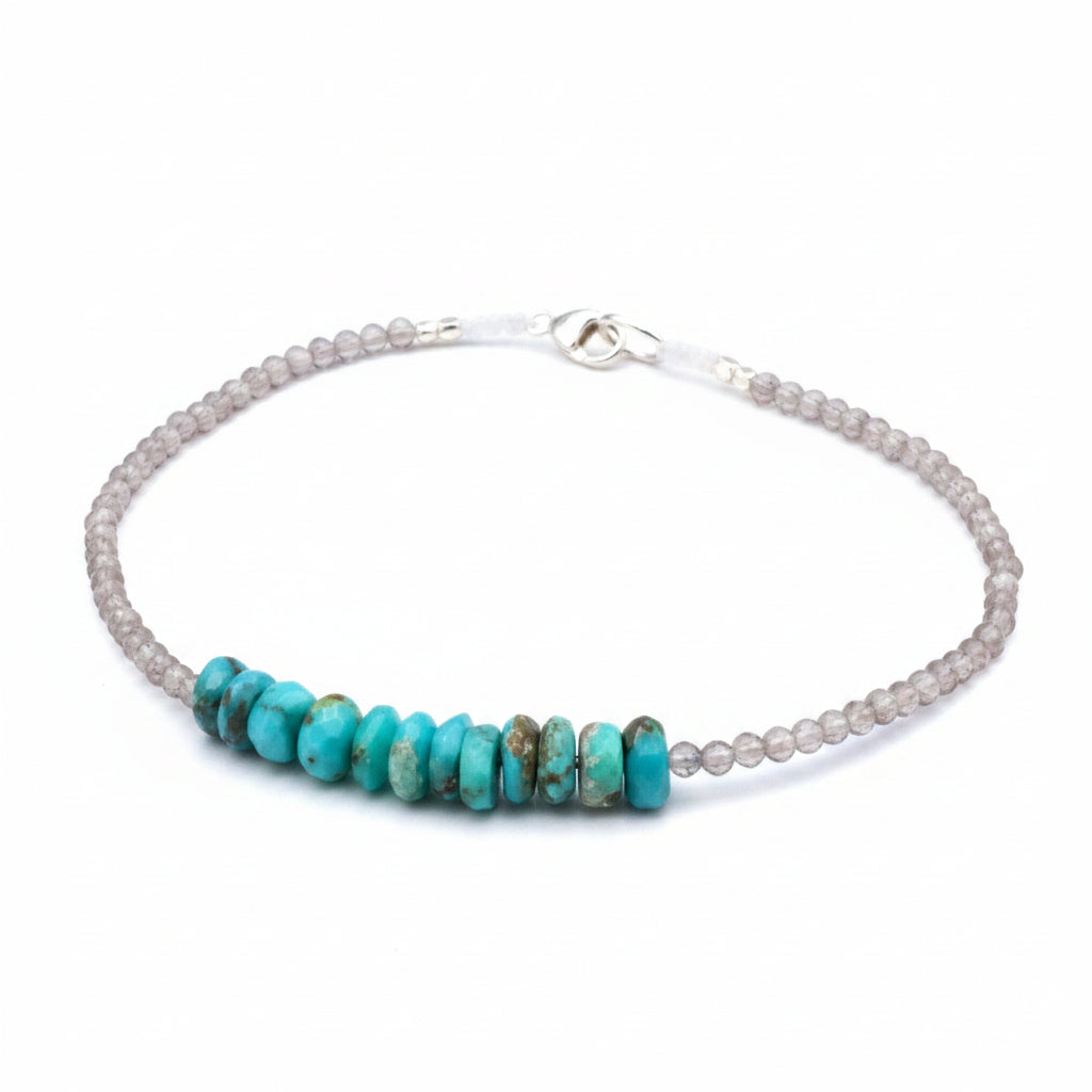 Margaret Solow Jewelry | Grey Moonstone + Turquoise Beaded Gemstone Bracelet | Firecracker