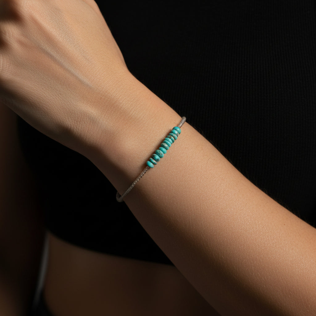 Margaret Solow Jewelry | Grey Moonstone + Turquoise Beaded Gemstone Bracelet | Firecracker