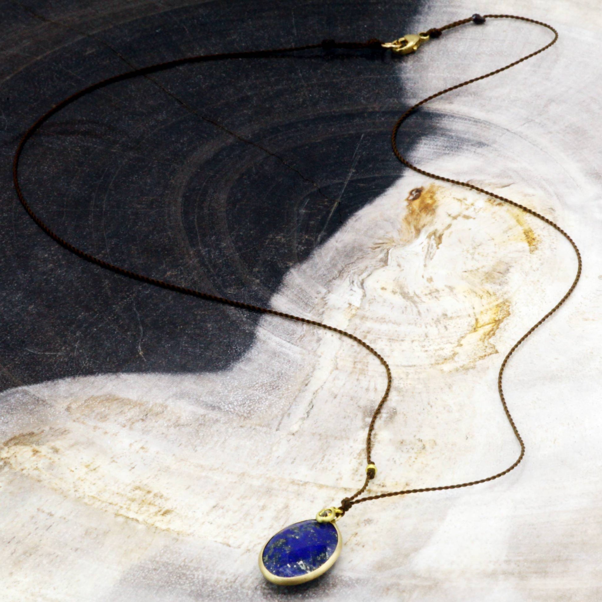 Margaret Solow Jewelry | Lapis 14k + Diamond 18k Gold Drop Necklace | Firecracker