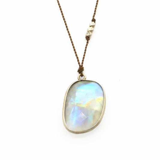 Margaret Solow Jewelry | Large Rainbow Moonstone + Sterling Silver Drop Necklace | Firecracker