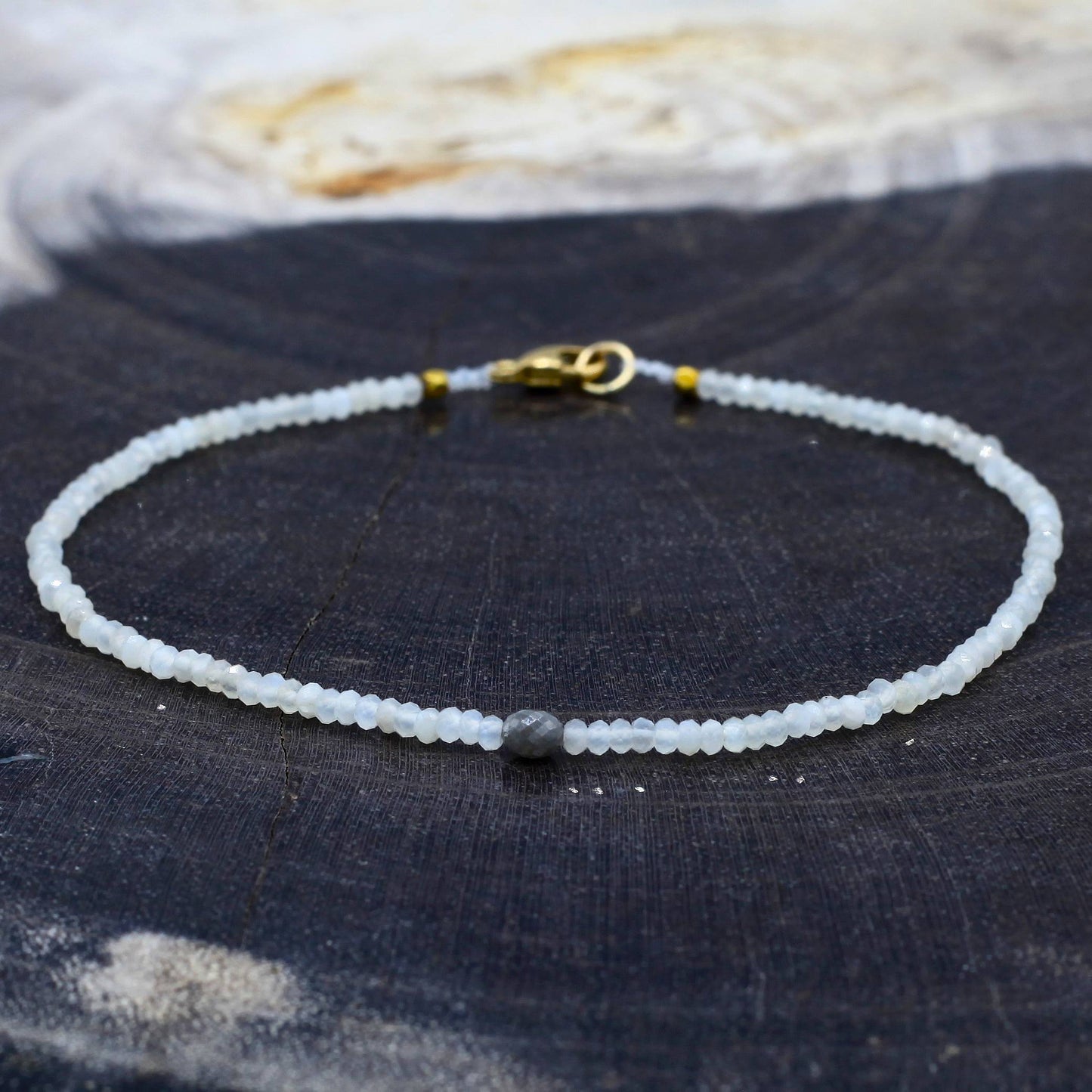 Margaret Solow Jewelry | Rainbow Moonstone + Grey Diamond 14k Gold Beaded Bracelet | Firecracker