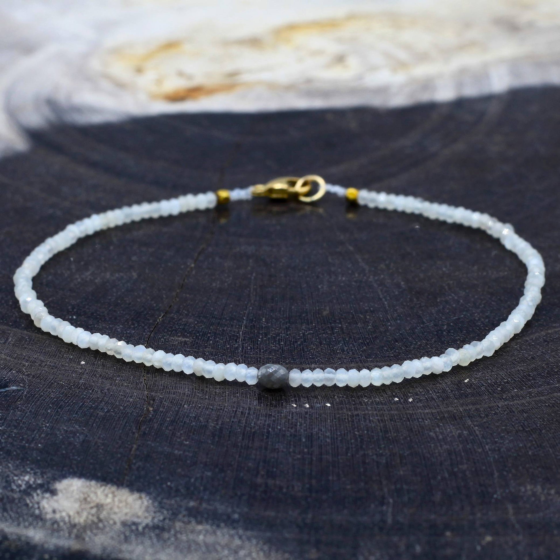 Margaret Solow Jewelry | Rainbow Moonstone + Grey Diamond 14k Gold Beaded Bracelet | Firecracker