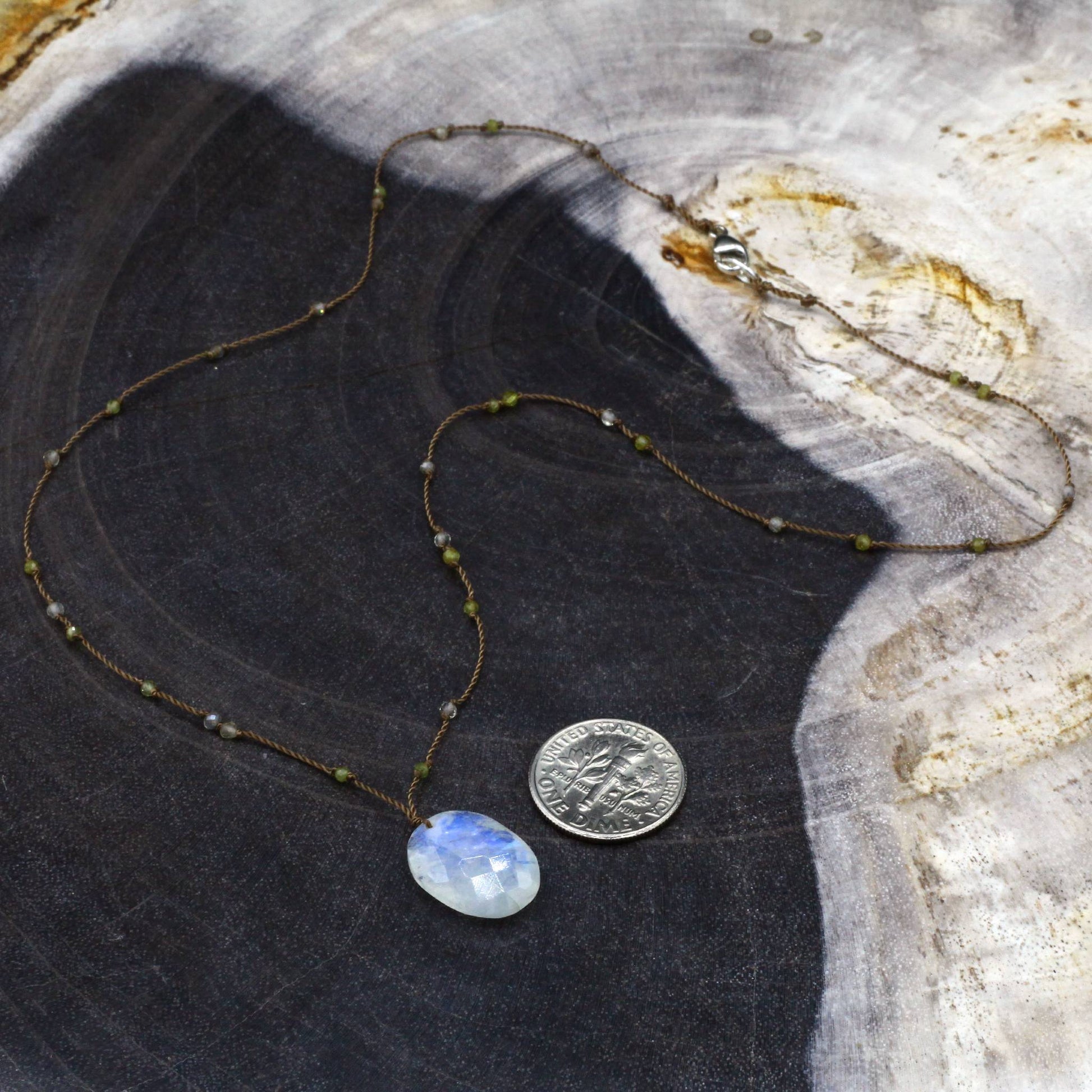 Margaret Solow Jewelry | Rainbow Moonstone + Rutilated Quartz Beaded Necklace | Firecracker