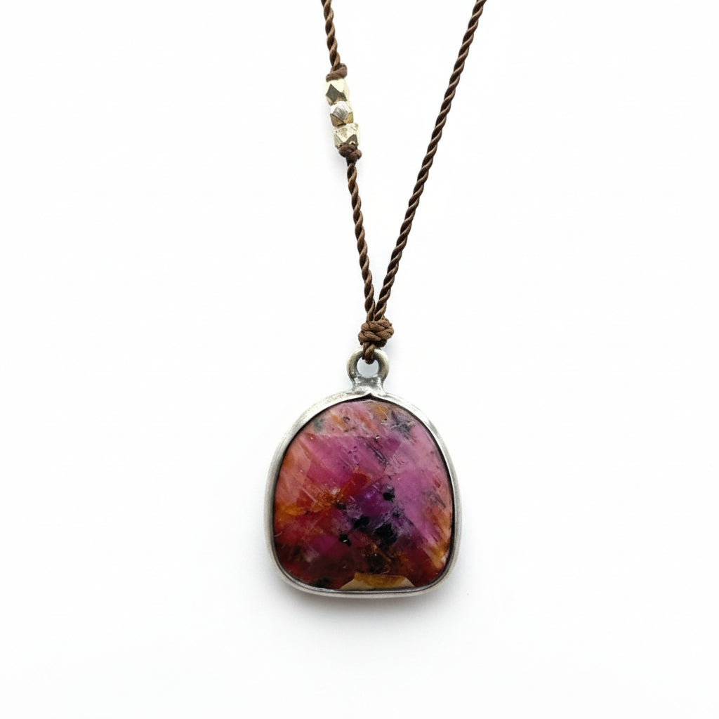 Margaret Solow Jewelry | Red Sapphire + Sterling Silver Drop Necklace | Firecracker