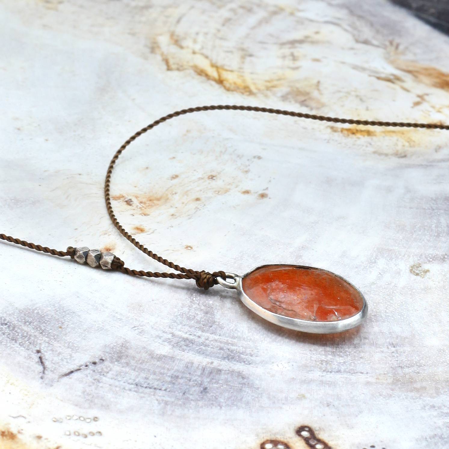 Margaret Solow Jewelry | Sunstone + Sterling Silver Drop Necklace | Firecracker