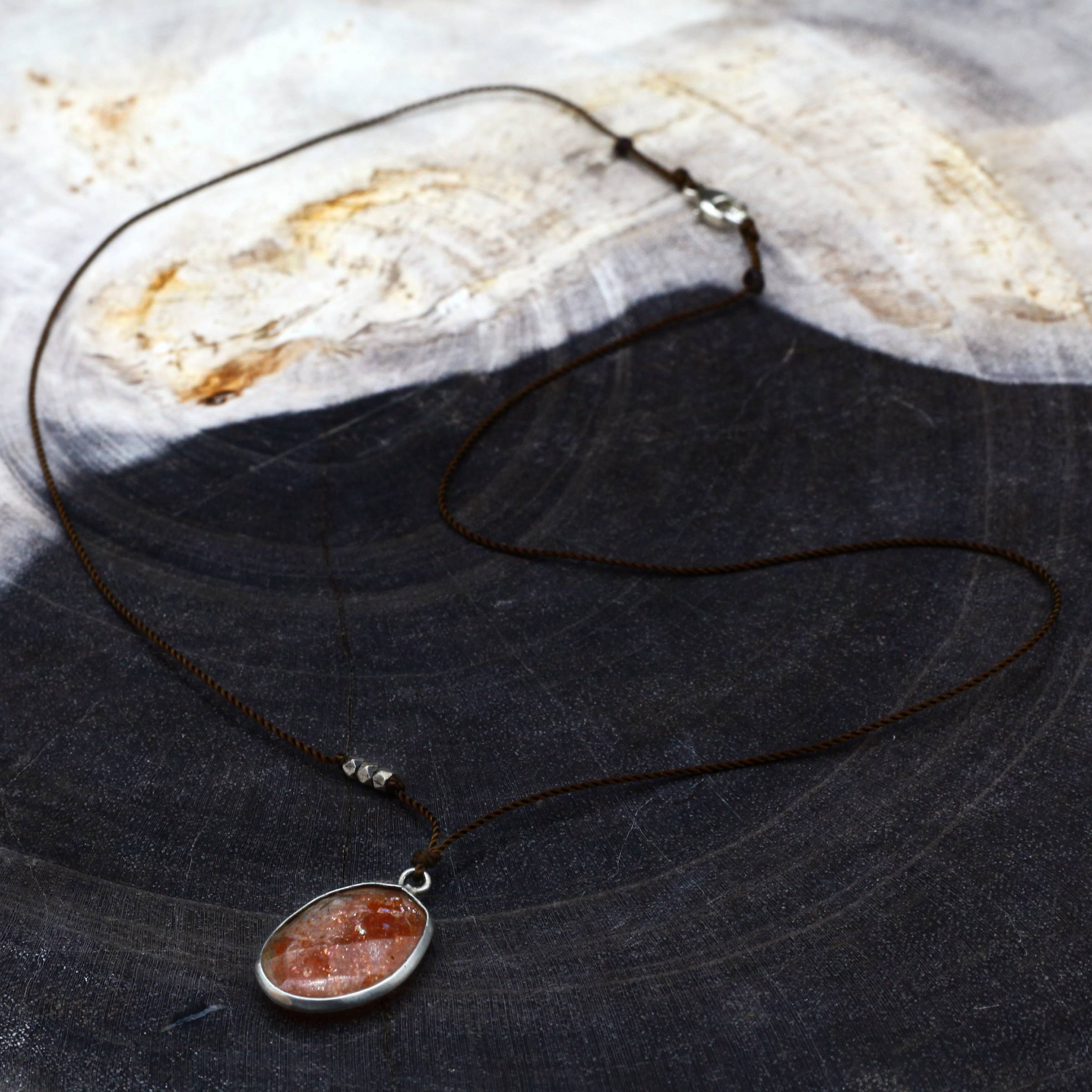 Margaret Solow Jewelry | Sunstone + Sterling Silver Drop Necklace | Firecracker