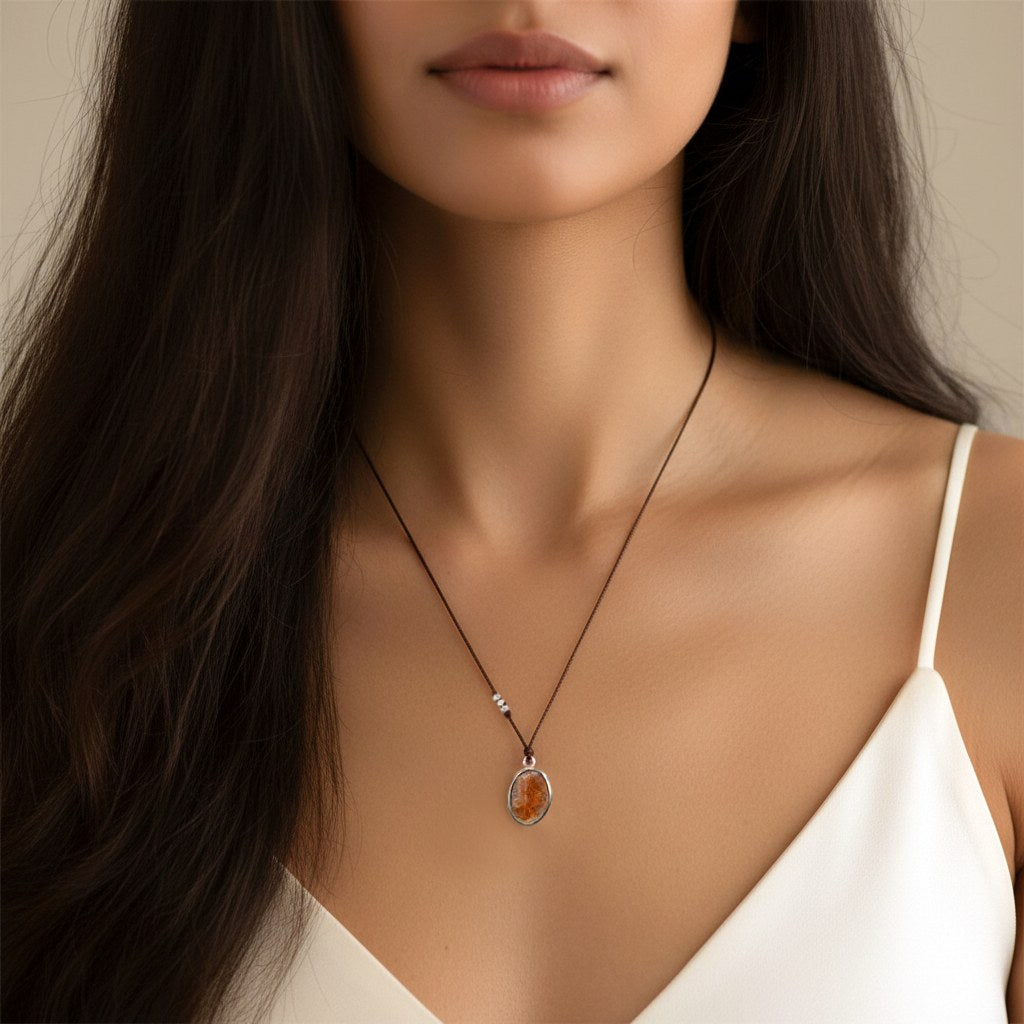 Margaret Solow Jewelry | Sunstone + Sterling Silver Drop Necklace | Firecracker