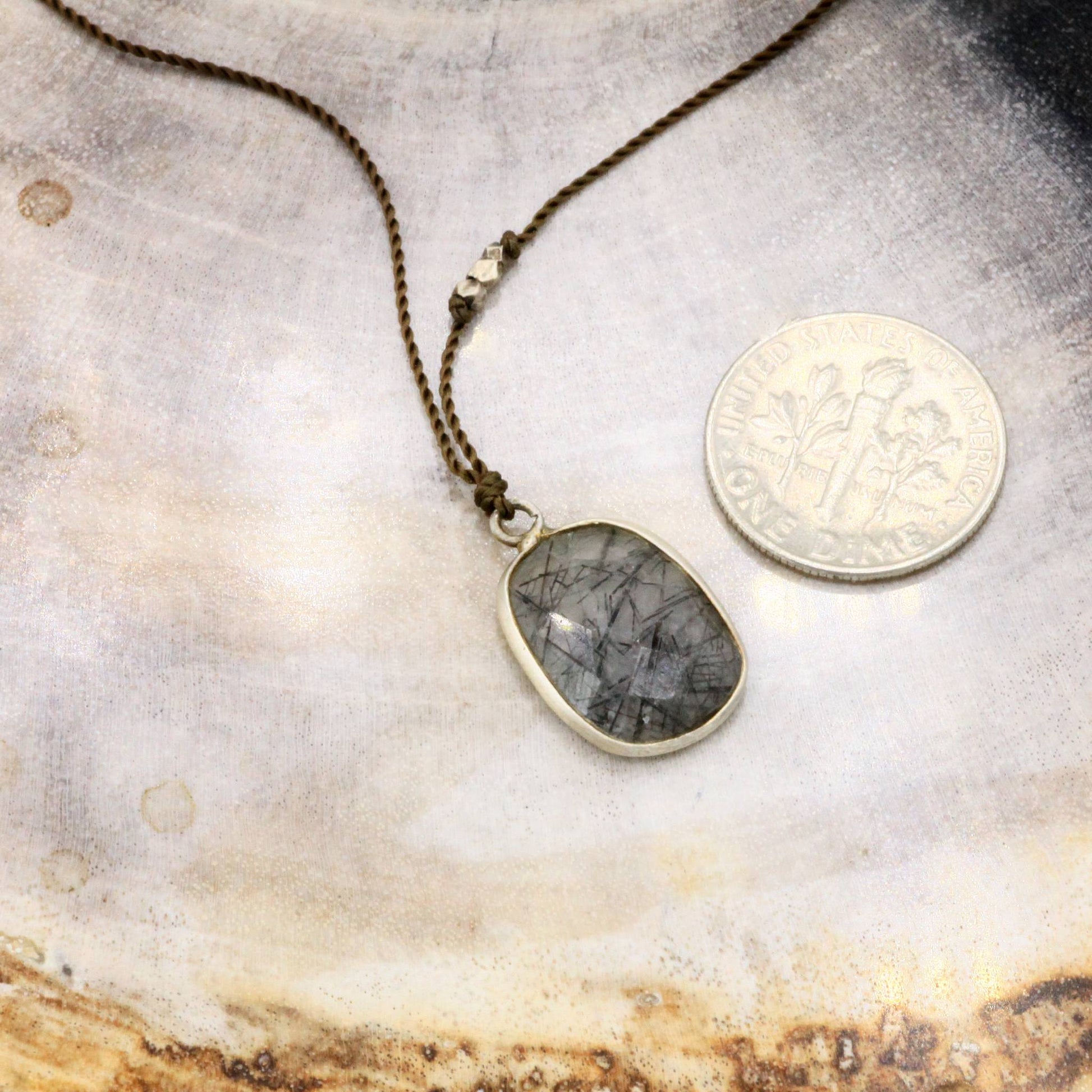 Margaret Solow Jewelry | Tourmalated Quartz + Sterling Silver Drop Necklace | Firecracker