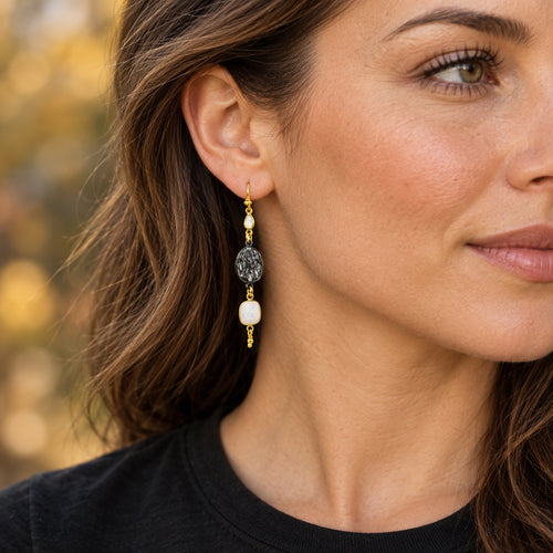 Robindira Unsworth Jewelry | Black Rutilated Quartz, Australian Opal + Moonstone Gemstone Earrings | Firecracker