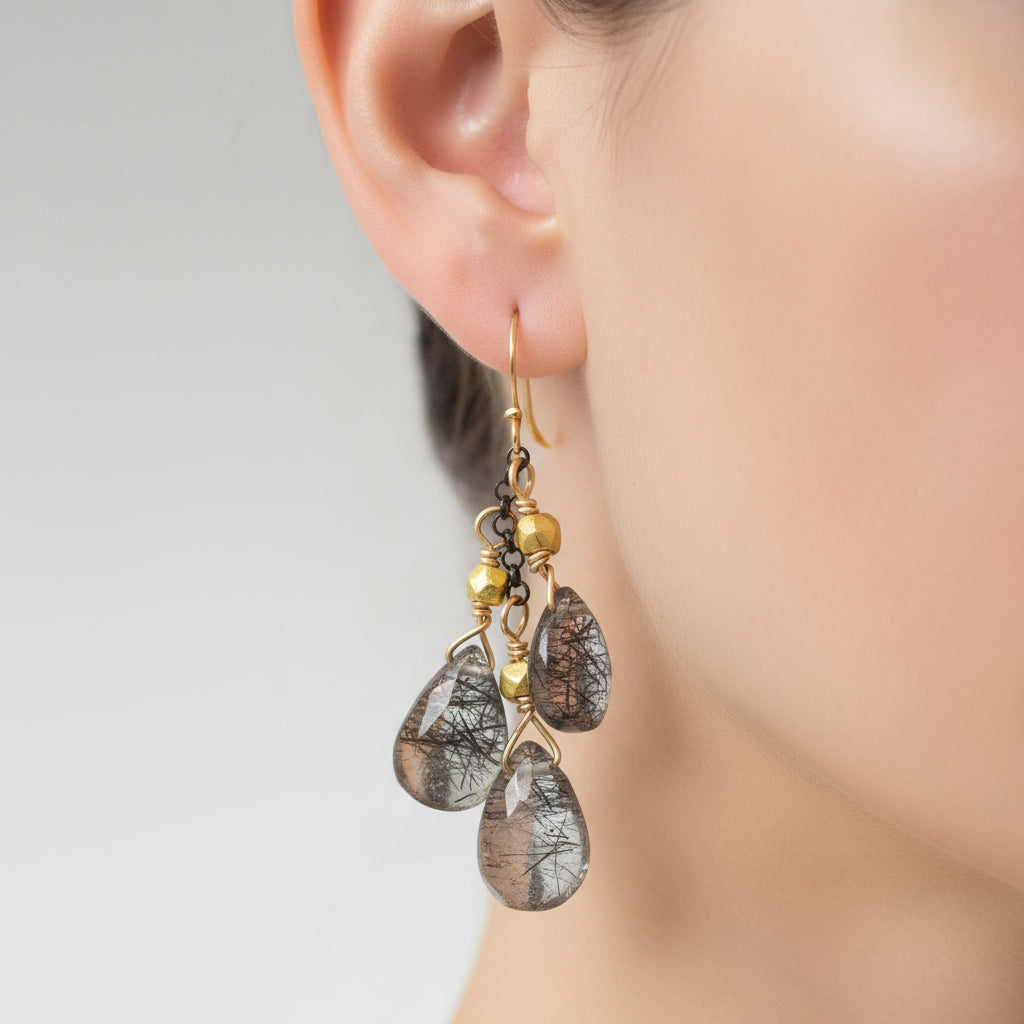 Robindira Unsworth Jewelry | Black Rutilated Quartz + Oxidized Sterling Silver Earrings | Firecracker