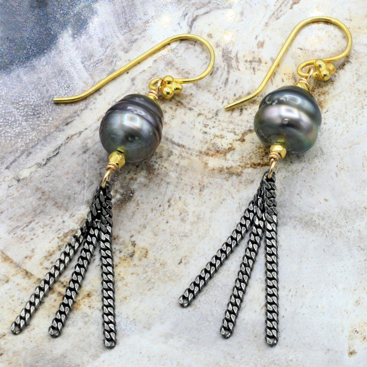 Robindira Unsworth Jewelry | Tahitian Pearl Oxidized Sterling Silver Earrings| Firecracker