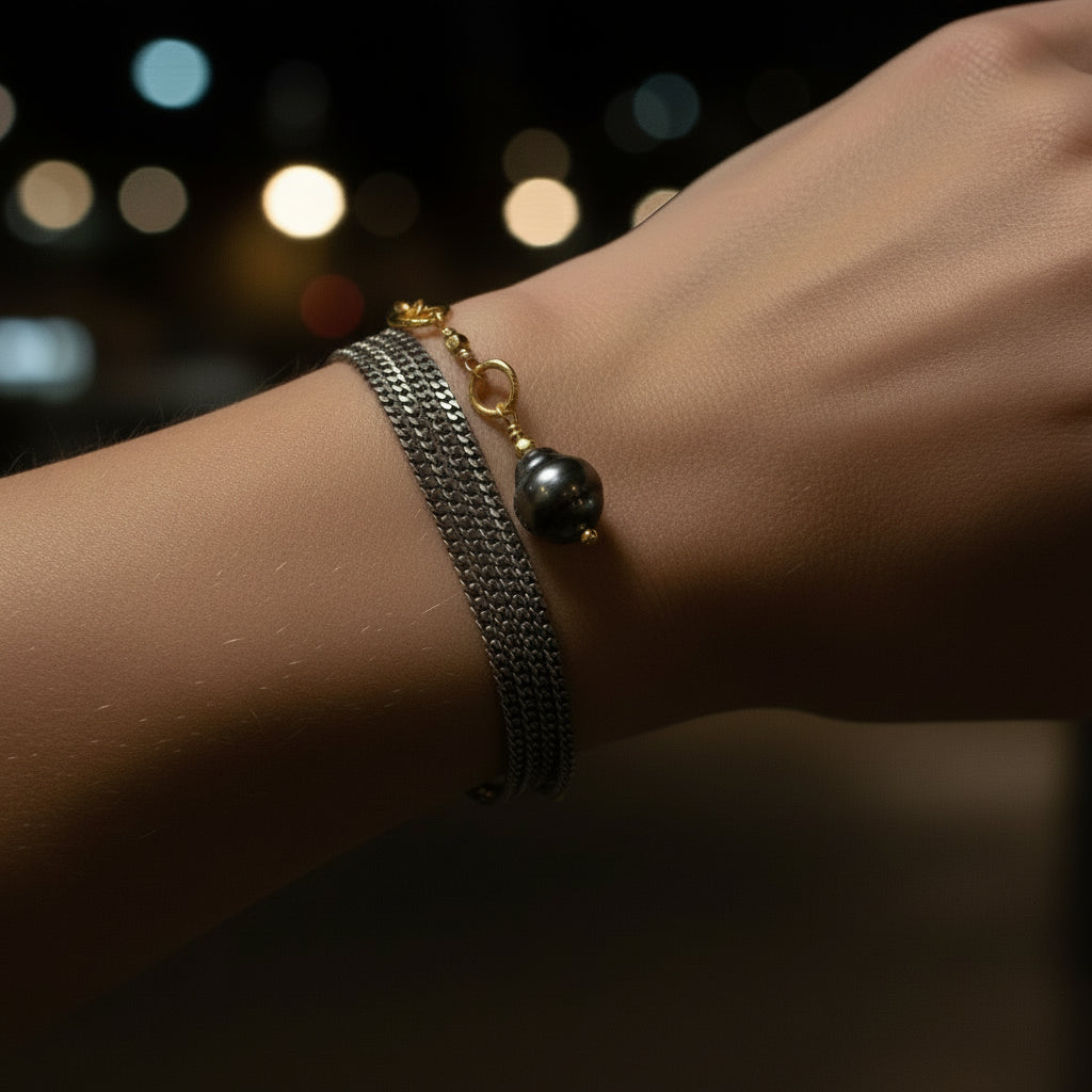 Robindira Unsworth Jewelry | Tahitian Pearl + Oxidized Sterling Silver Strand Bracelet | Firecracker