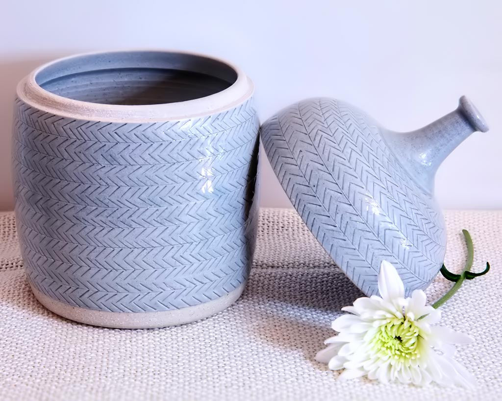 Len Carella Ceramics | Glazed Stoneware Jar w/ Herringbone Detail | Firecracker