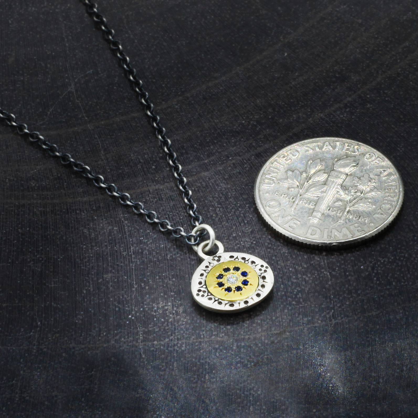 Adel Chefridi Studio | Diamond + Blue Sapphire 18k Gold "Seeds of Harmony" Charm Necklace | Firecracker