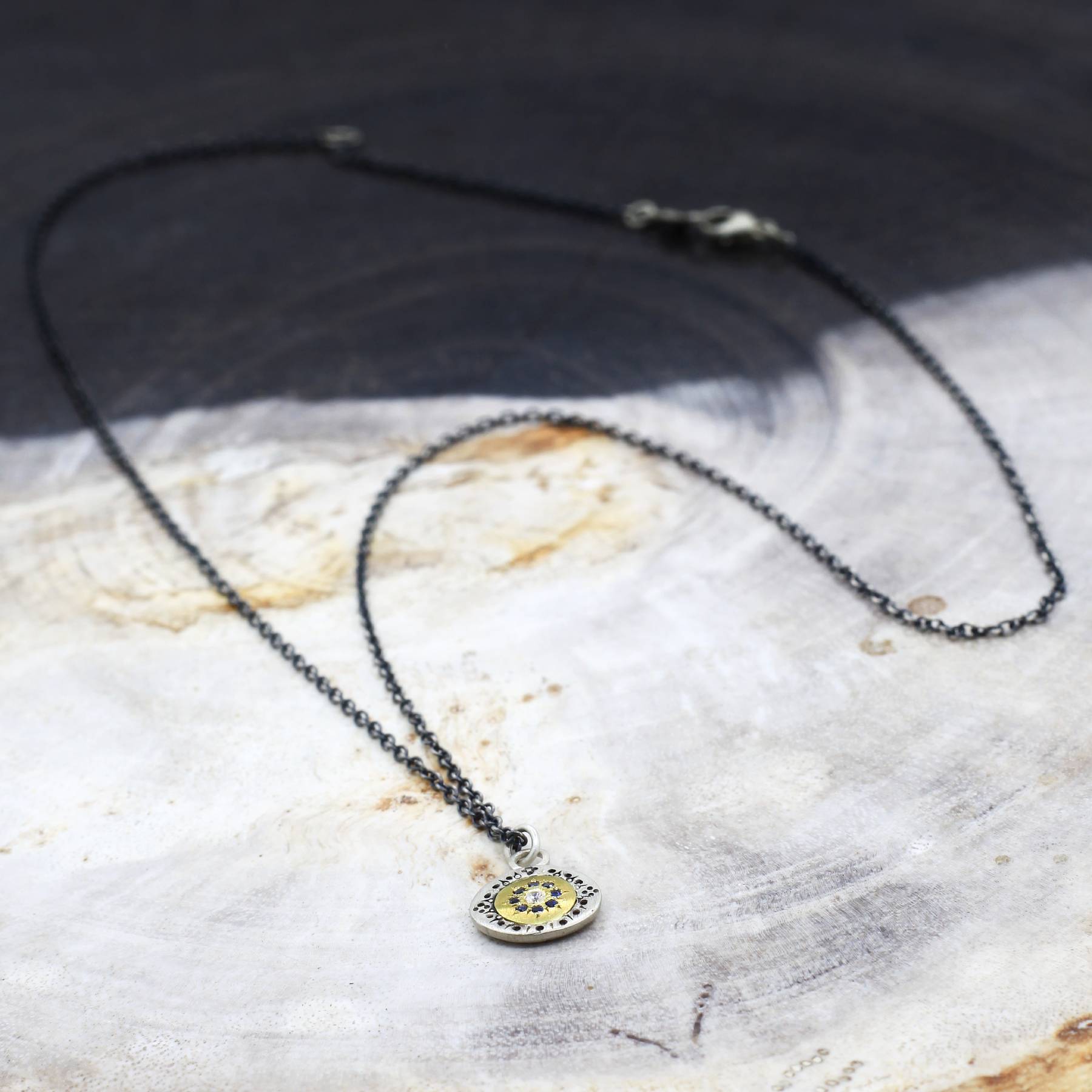 Adel Chefridi Studio | Diamond + Blue Sapphire 18k Gold "Seeds of Harmony" Charm Necklace | Firecracker