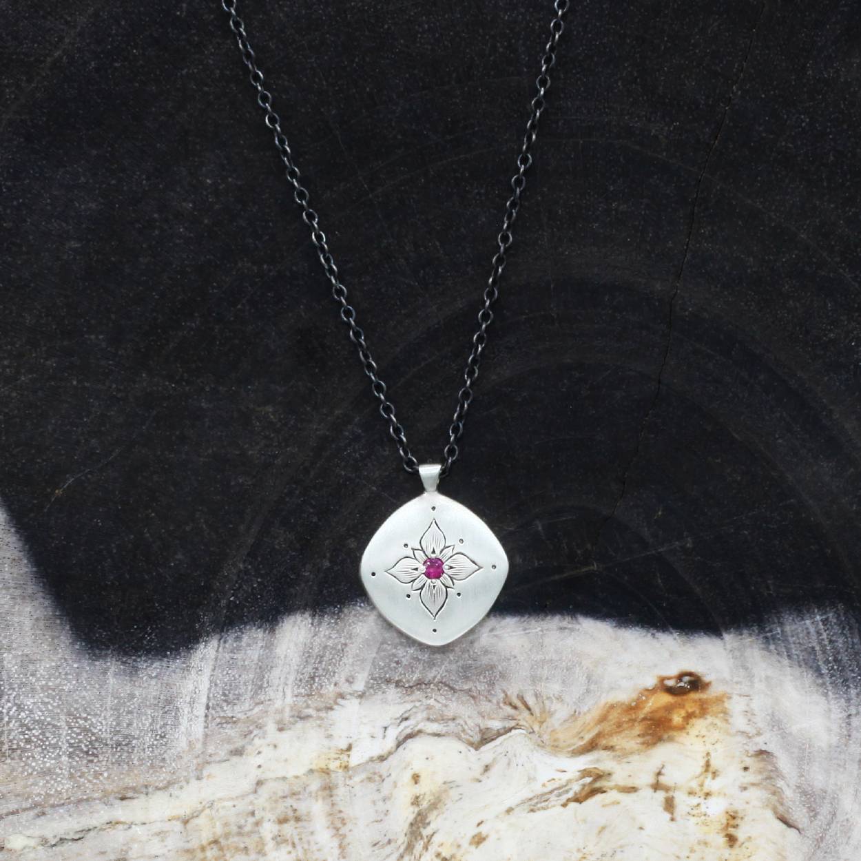 Adel Chefridi Studio | Ruby + Sterling Silver "Lotus Cushion" Pendant Necklace | Firecracker