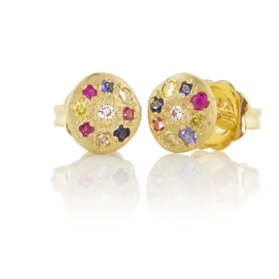 Adel Chefridi Studio | 18k Gold Diamond + Sapphire Charm Stud Earrings | Firecracker
