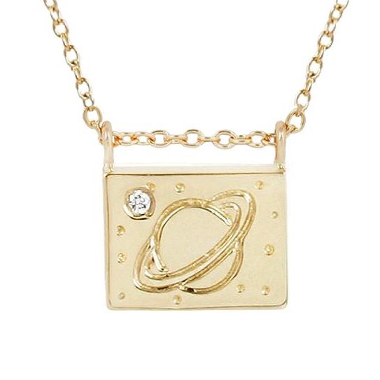 Aili Jewelry | Saturn Diamond + 14K Gold Postcard Charm Necklace | Firecracker