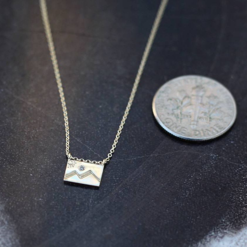Aili Jewelry | Mountain Diamond + 14K Gold Postcard Charm Necklace | Firecracker
