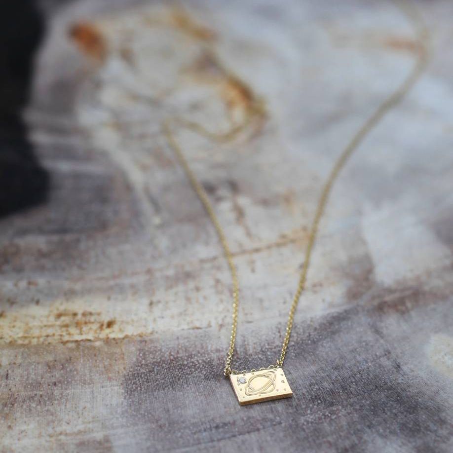 Aili Jewelry | Saturn Diamond + 14K Gold Postcard Charm Necklace | Firecracker