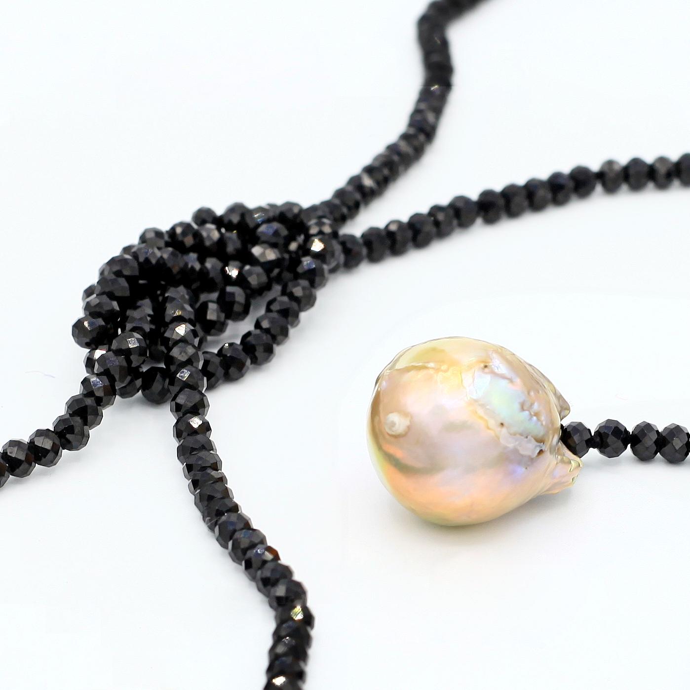 Lena Skadegard Jewels | Baroque Pearl + Black Spinel Lariat Necklace | Firecracker