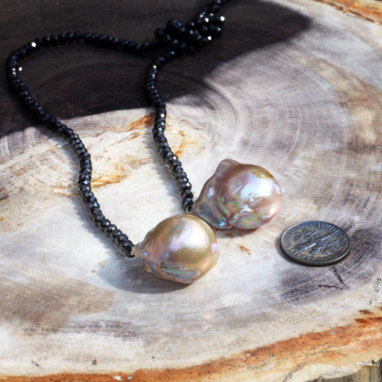 Lena Skadegard Jewels | Baroque Pearl + Black Spinel Lariat Necklace | Firecracker