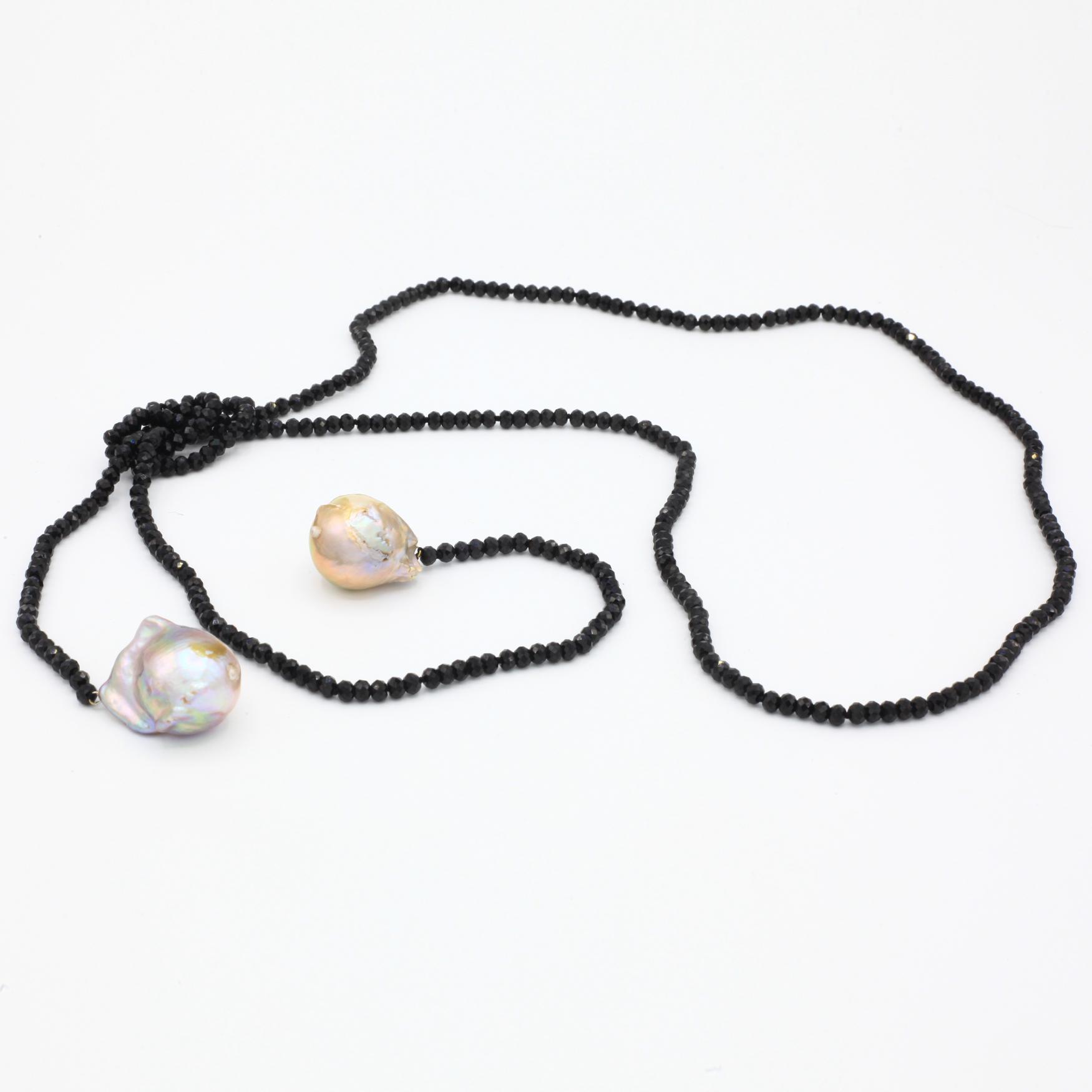 Lena Skadegard Jewels | Baroque Pearl + Black Spinel Lariat Necklace | Firecracker