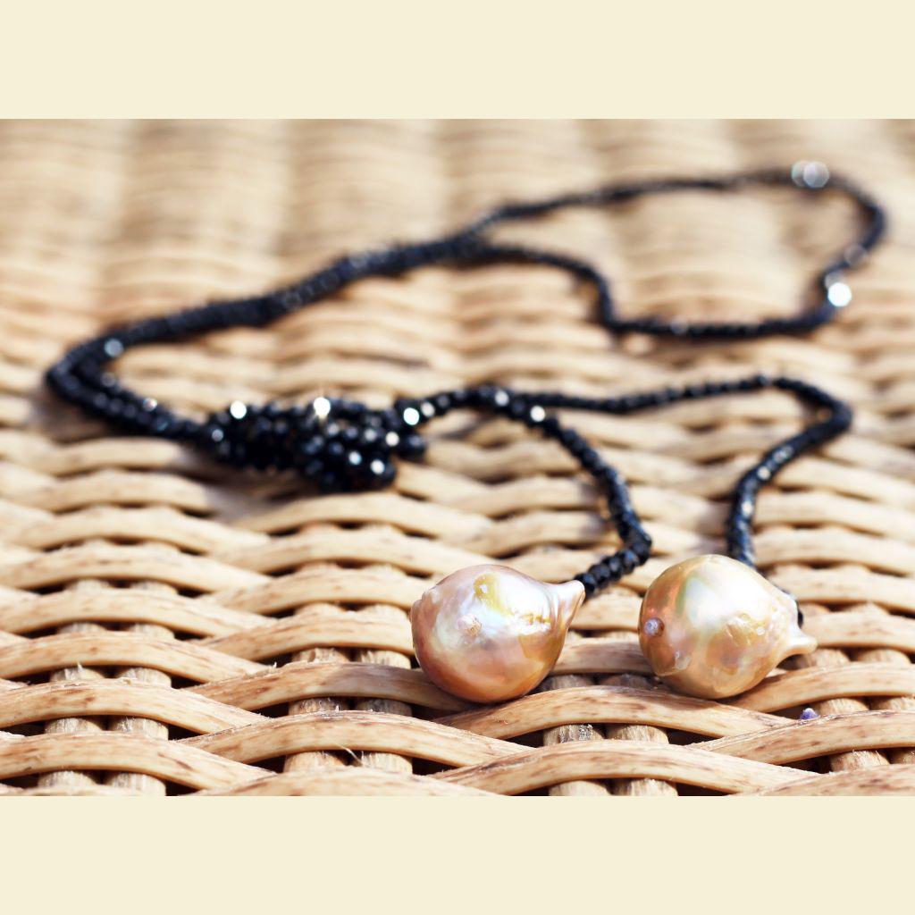 Lena Skadegard Jewels | Baroque Pearl + Black Spinel Lariat Necklace | Firecracker