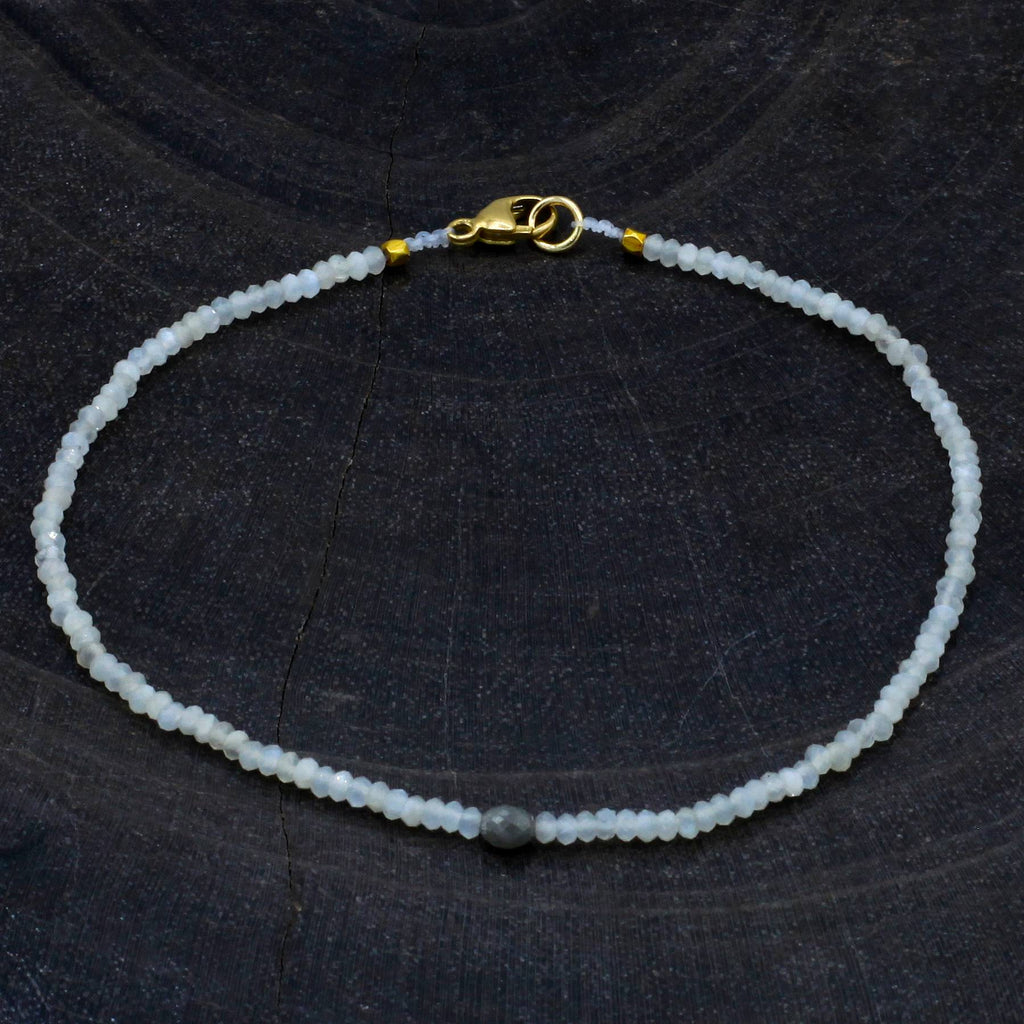 Margaret Solow Jewelry | Rainbow Moonstone + Grey Diamond 14k Gold Beaded Bracelet | Firecracker