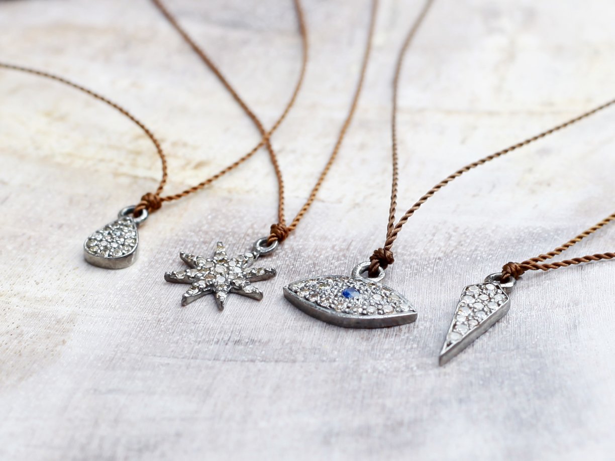 Margaret Solow Jewelry | Pave Diamond Clover + Sterling Silver Necklace | Firecracker