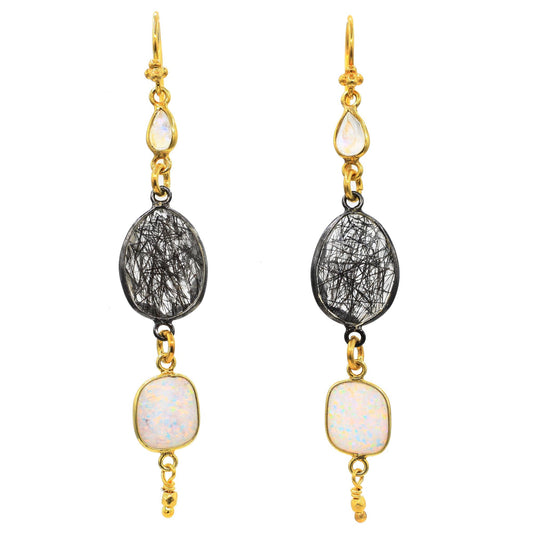 Robindira Unsworth Jewelry | Black Rutilated Quartz, Australian Opal + Moonstone Gemstone Earrings | Firecracker