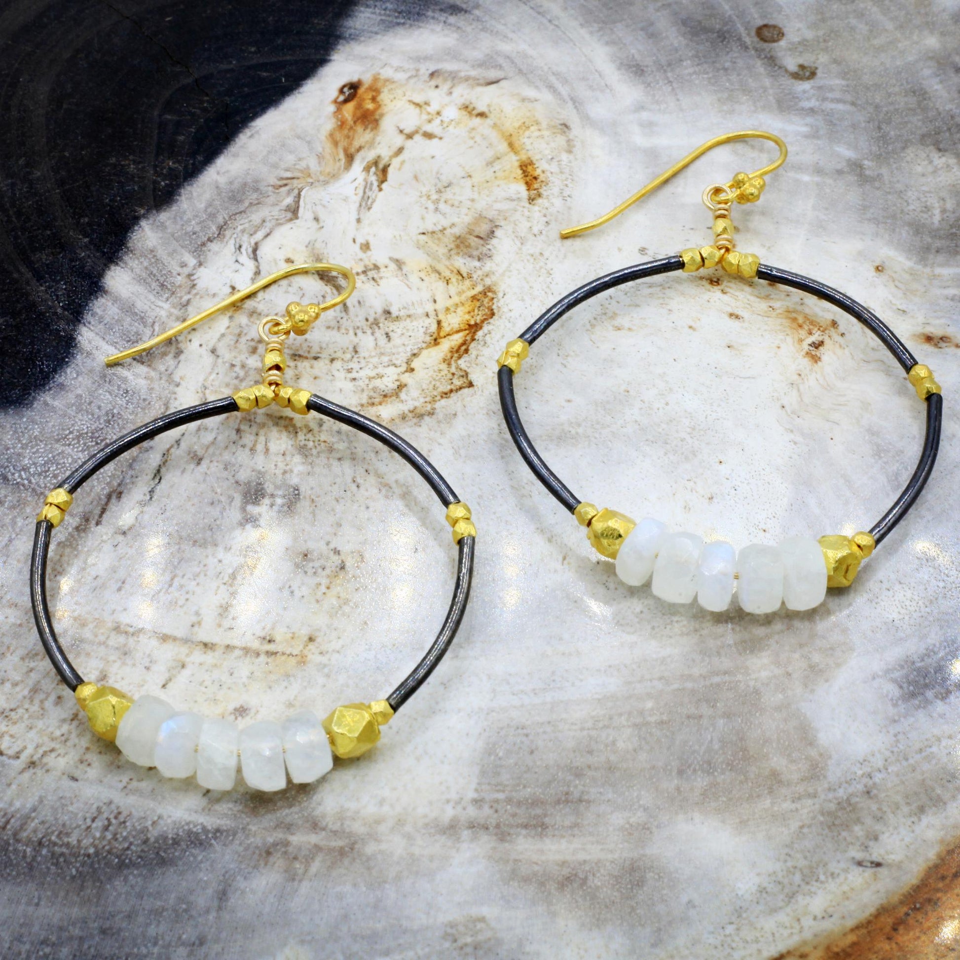 Robindira Unsworth Jewelry | Moonstone + Oxidized Sterling Silver Hoop Earrings | Firecracker