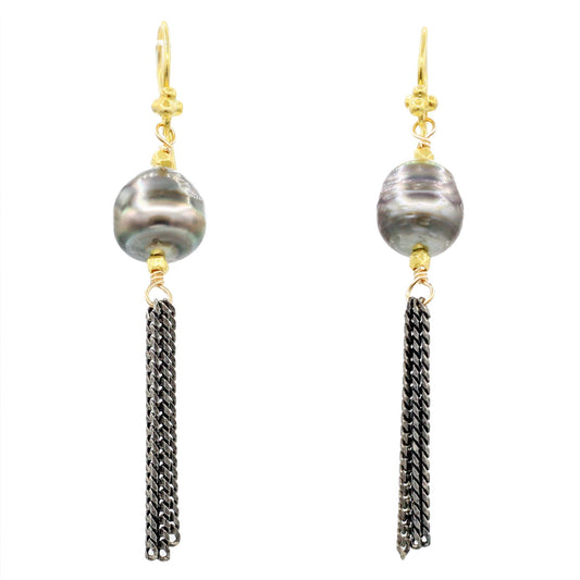 Robindira Unsworth Jewelry | Tahitian Pearl Oxidized Sterling Silver Earrings| Firecracker