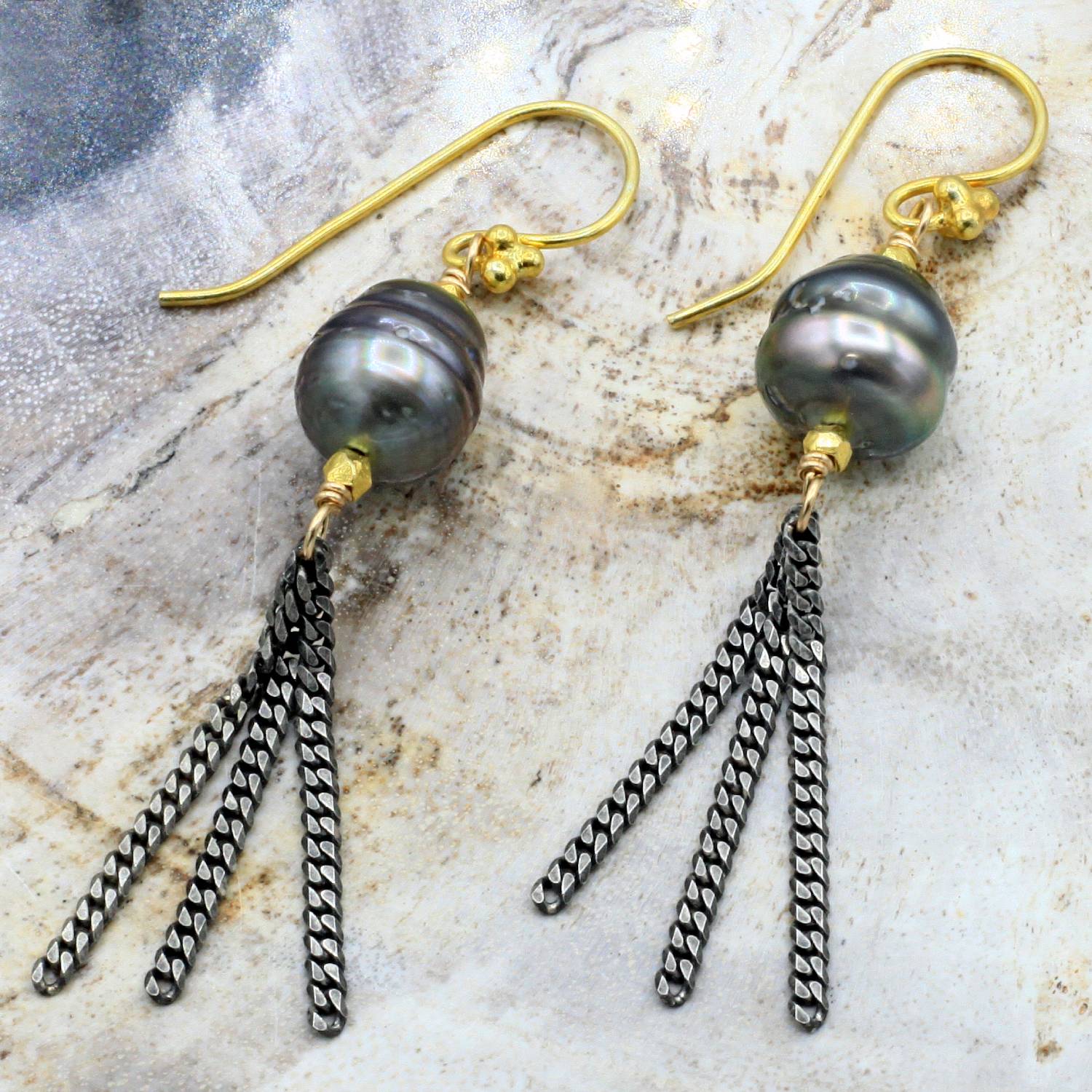 Robindira Unsworth Jewelry | Tahitian Pearl + Oxidized Sterling Silver  Earrings | Firecracker