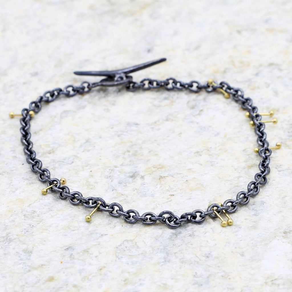 "Pinned" Oxidized Silver + 18k Gold Chain Bracelet