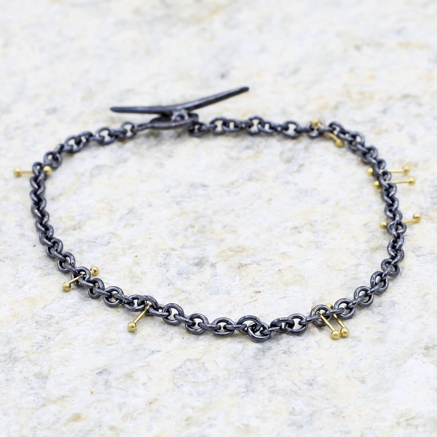 "Pinned" Oxidized Silver + 18k Gold Chain Bracelet