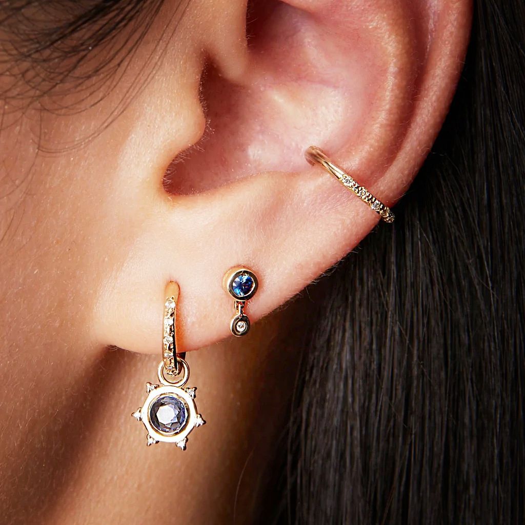 Scosha | Diamond, Blue Sapphire + 10k Gold Bezel Stud Earring | Firecracker