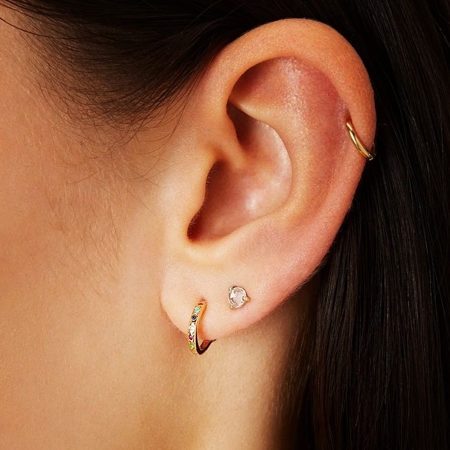 Scosha | Rainbow Gemstone + 10k Gold Huggie Earring | Firecracker